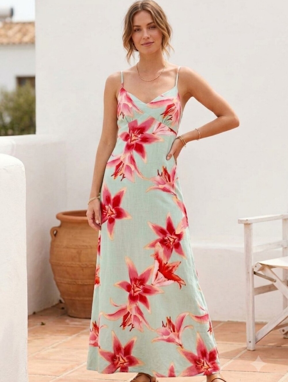 PAPER HEART Romantic Floral Linen Blend Floral Maxi Dress Mint Pink Small NWT